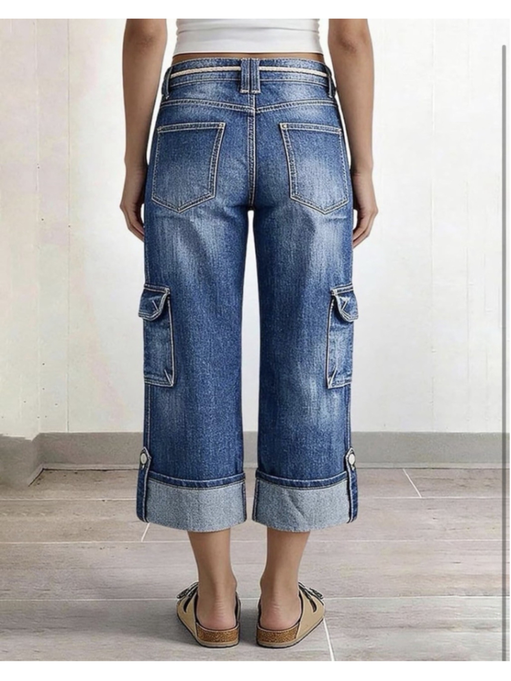 Flamingals High Waist Drawstring Wide Leg Crop Jeans for Women L - Picture 2 of 4